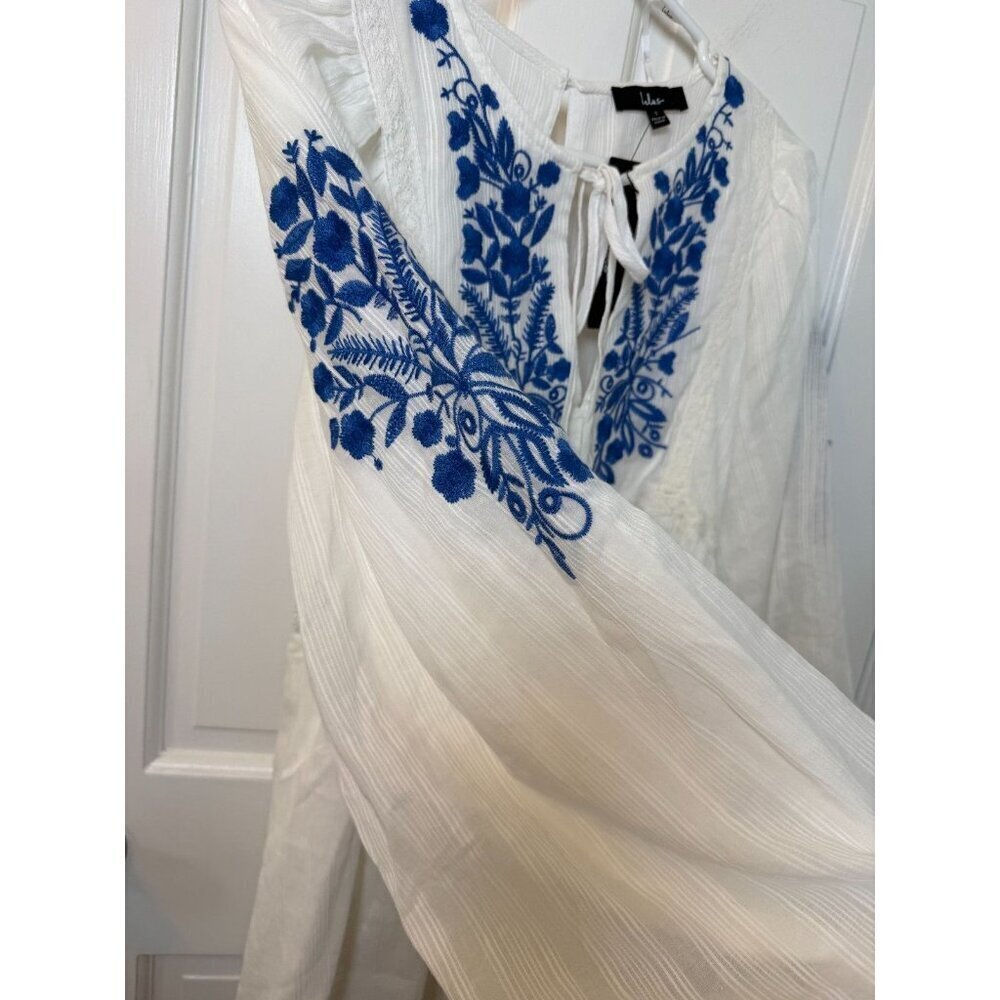 Lulus White & Blue Embroidered Shift Dress Long Puff Sleeve Size Small NWT - Picture 3 of 14
